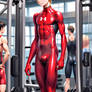 Red Under Armour latex full body suit at the gym..