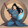 Mulan as a powerful samurai warrior, kneeling on o