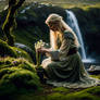 Blonde haired woman in Celtic dress kneeling to pi
