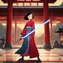 Mulan with a lightsaber in the Japanese temples