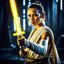 Rey from Star Wars yellow lightsaber