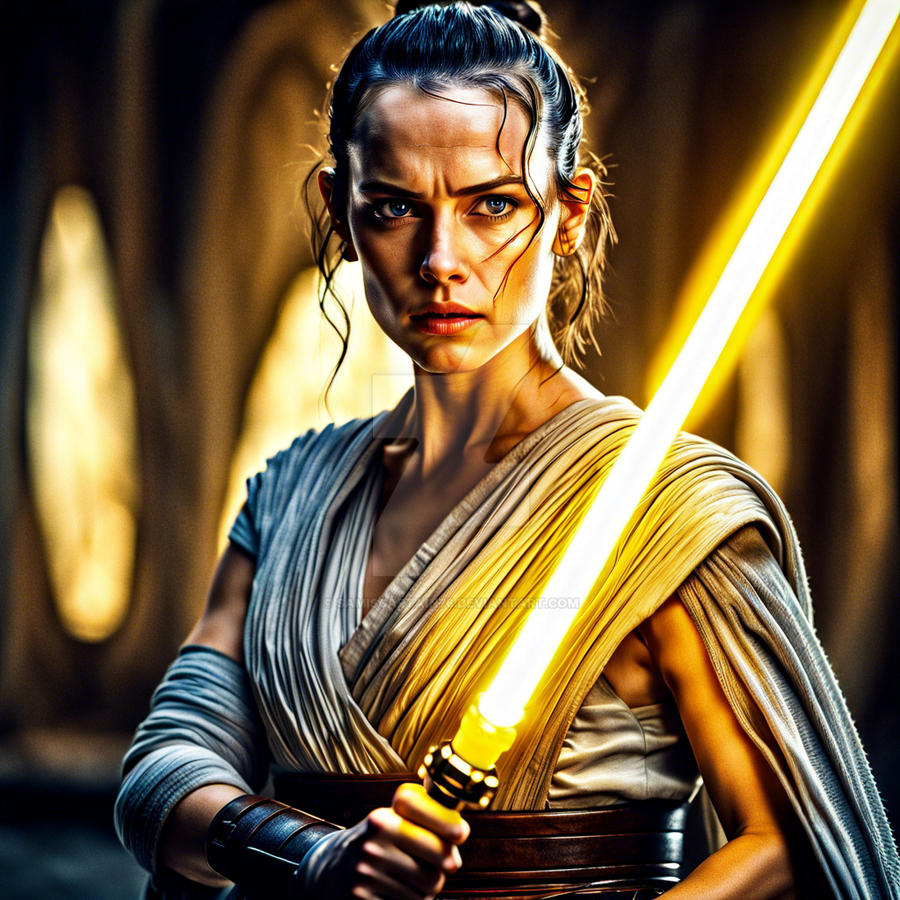 Rey from Star Wars holding a yellow lightsaber HDR