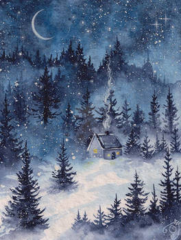 Magical winter snowy night in enchanted forest