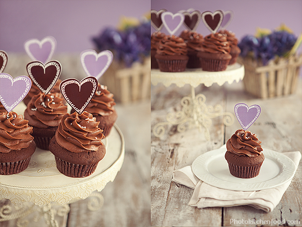 Chocolate Cupcakes with Purple Hearts