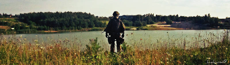 Landscapes, military, lonely soldier on the lake