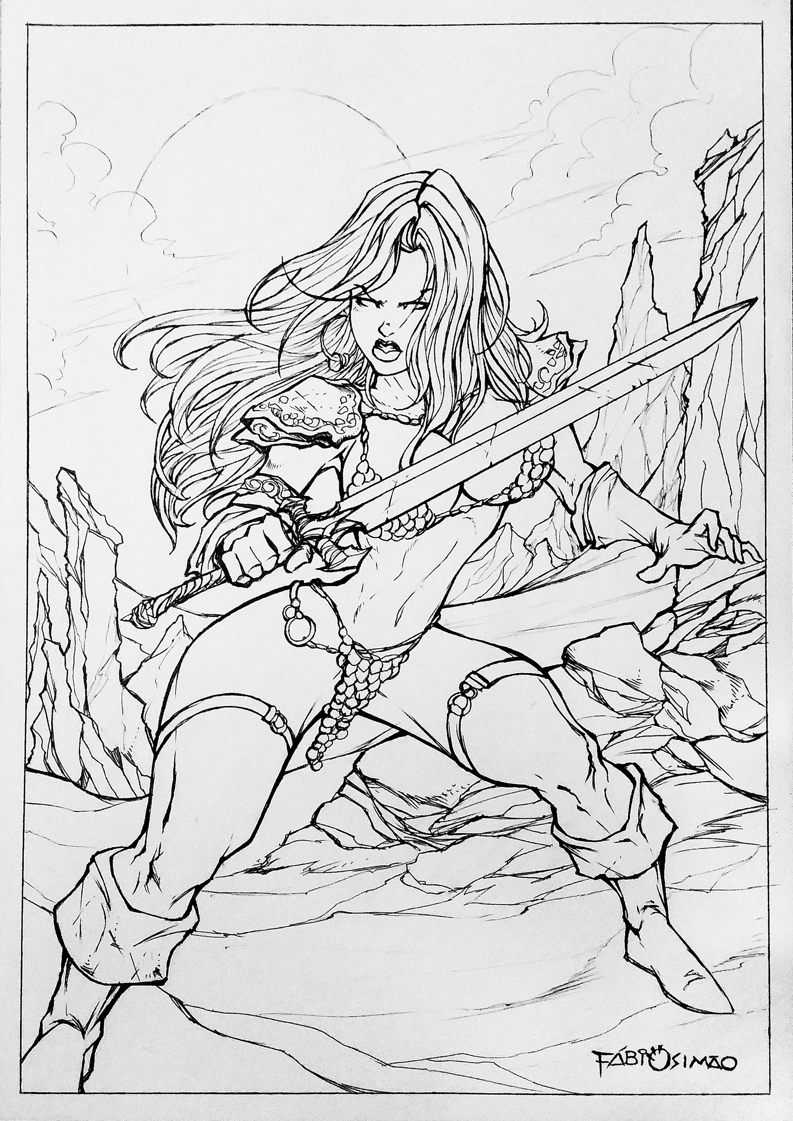 Red Sonja lineart by Fabio Simao