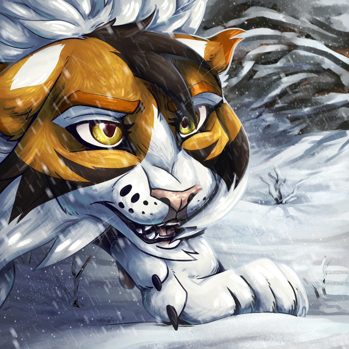 An icon of a longhaired tortoiseshell-and-white cat with hazel eyes, Nova (my fursona), walking through the snow while smiling and looking upwards. Only their paw and face are visible.