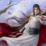 Red Blossom Flying in White Snow