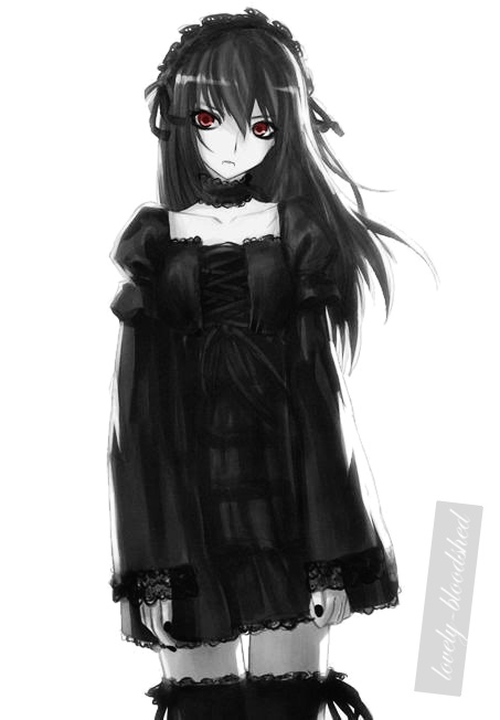 Cartoon illustration of a sad vampire girl with long black hair