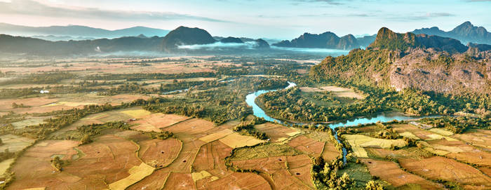 Aerial view of a rice fields in rocky mountain