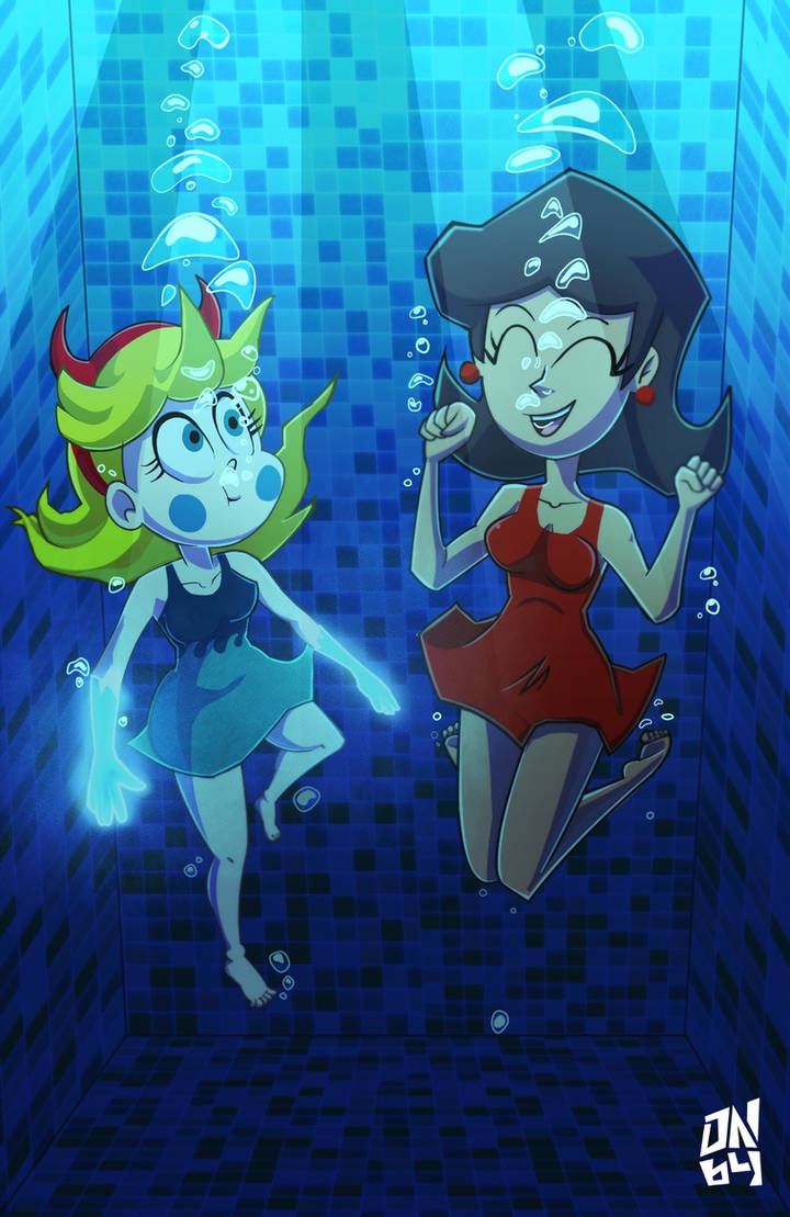Cassie and Veronica diving into a pool