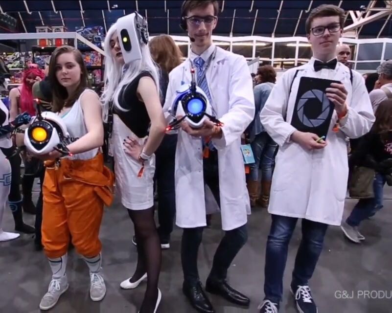 Chell, GLaDOS, Wheatley, and Bill