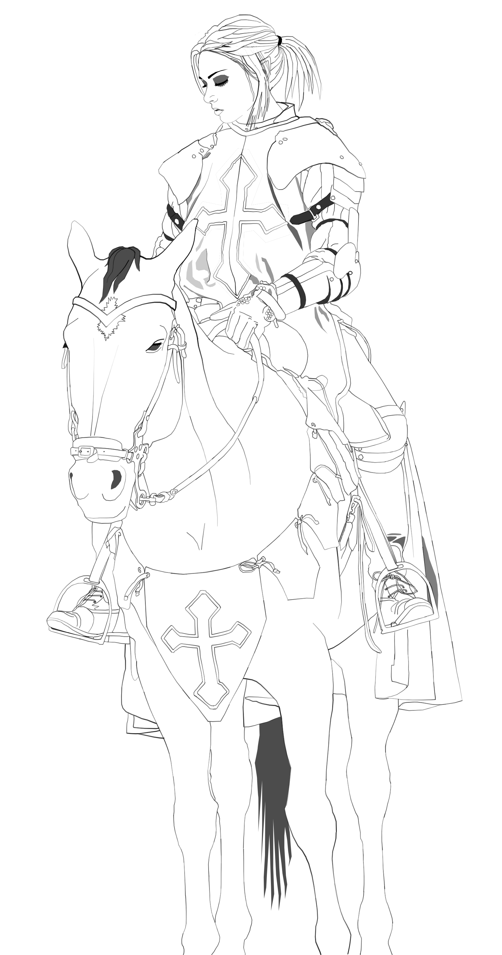 Elf horsewoman - line art