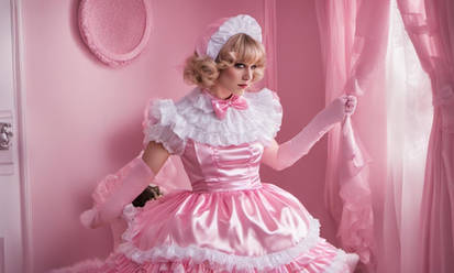 Pink satin sissy maid enclosed in frilly dress