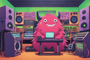 Cute monster in a recording studio surrounded by s