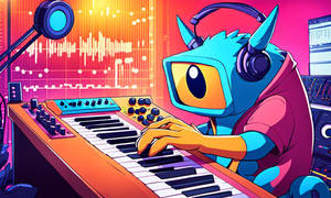 Cute monster playing synthesizer in a recording st