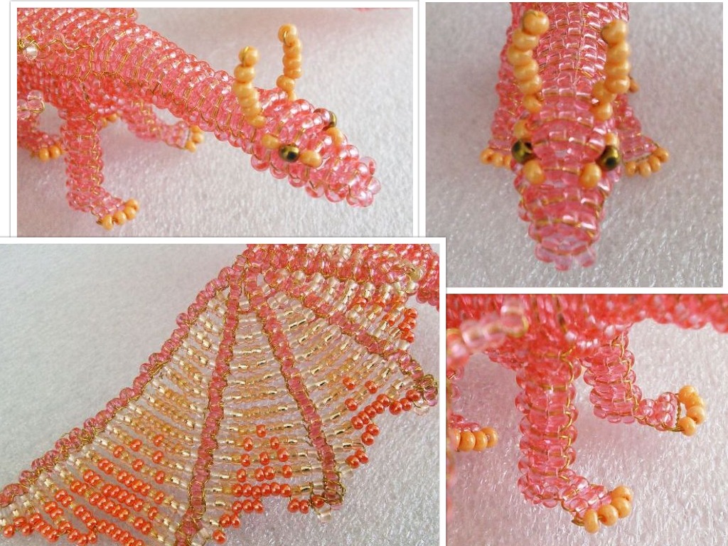 Beaded salmon pink dragon in detail