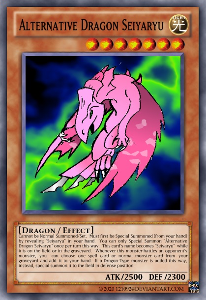 seiyaryu yugioh card Yu-Gi-Oh! - Ghosts from the Past Dragon Level 7 ATK/2500 DEF/2300 A mystical dragon that burns away the unworthy with its mystic flamers. Alternative Draogn Seiyaryu by 121092