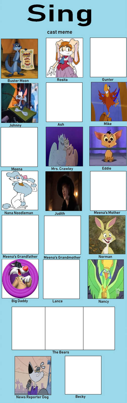 Songcast Meme Shackelford's SING cast meme (INCOMPLETE) by ToonFanJoey on DeviantArt