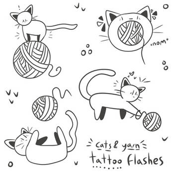 Cats And Yarn Tattoo Flash Sheet