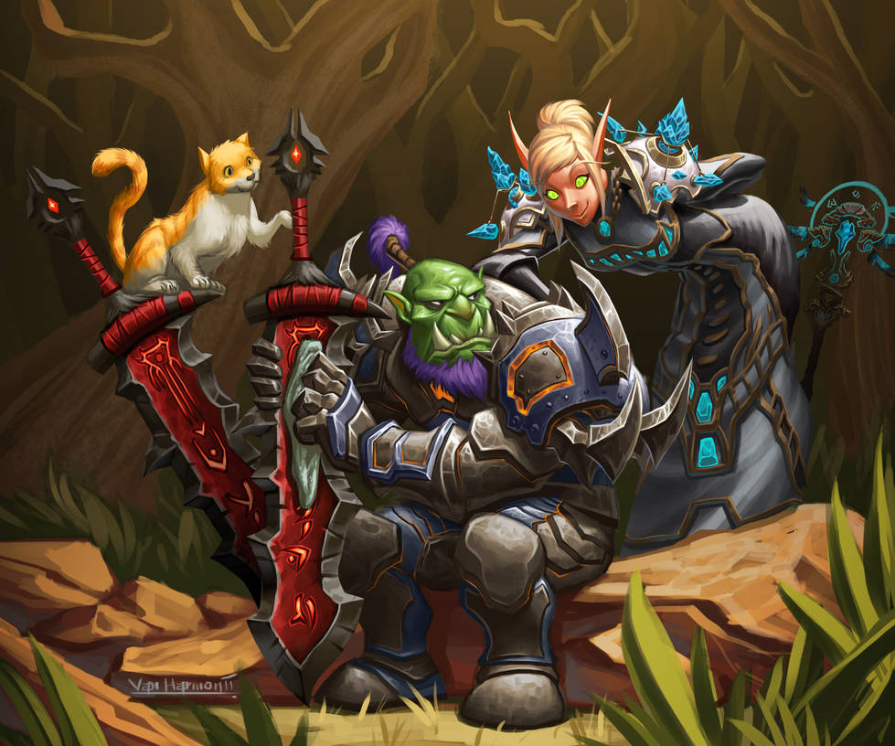 Orc warrior and Belf Priest and cat by VanHarmontt Orc warrior and Belf Priest and cat by VanHarmontt