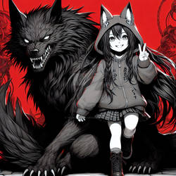 Little Cat Girl And Black Wolf (1)