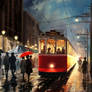 Tram on a Rainy Evening