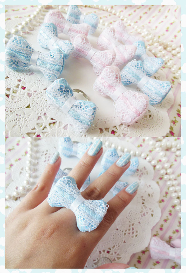 Baby Blue / Pastel Pink Lace Bow Rings