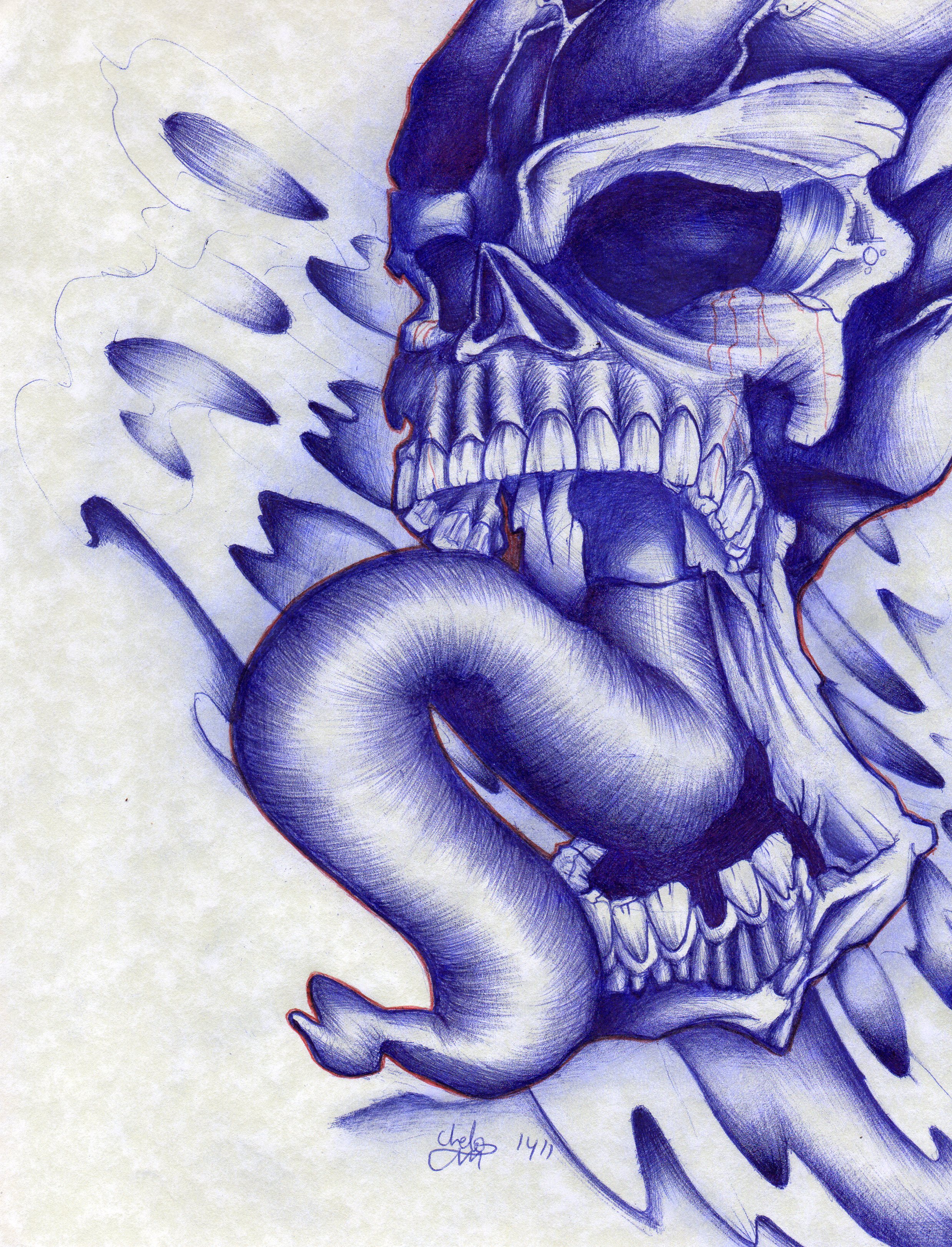 Evil Skull Tattoo Design blue ballpoint pen by chelomacabre on DeviantArt
