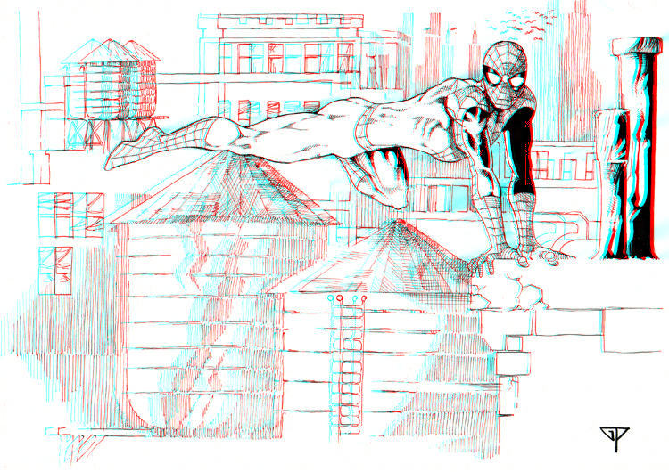 Spidey on the rooftops in 3D Anaglyph by xmancyclops