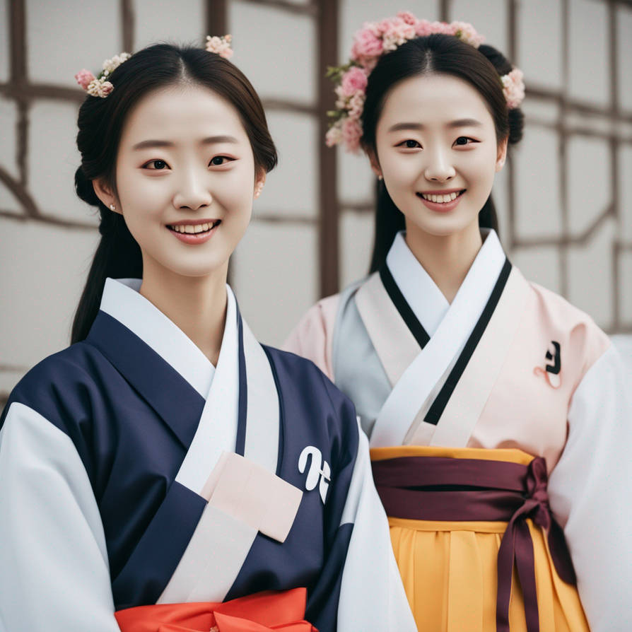 2 young korean women wearing hanboks on Hangul day