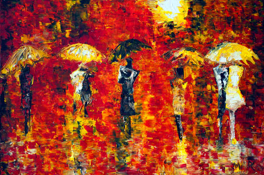 Orange Umbrellas - Oil Painting