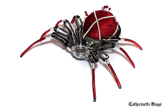 Red Velvet Steampunk Pin Cushion Spider Sculpture