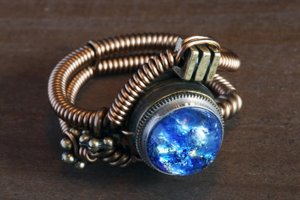 Blue Harlequin Glass Steampunk Ring