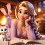 Princess Rapunzel and kitten reading book together