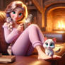 Rapunzel log cabin cute kitten steaming cocoa