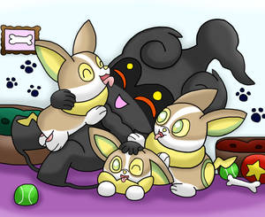 Marshadow surrounded by loaves of doggos