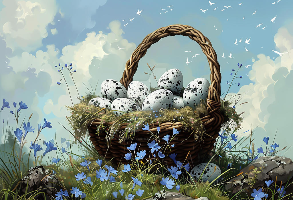 - Easter basket in the grass with eggs and blue fl by dzintraregina on ...