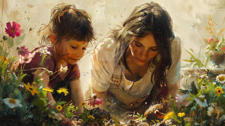 - Mother and daughter plant flowers in the garden 