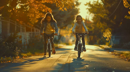 - Mother And Daughter Ride Bicycles At Sunset, Gen