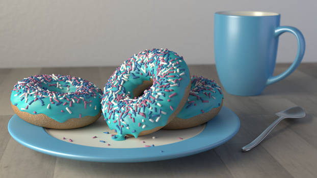 Three donuts, a spoon and a mug