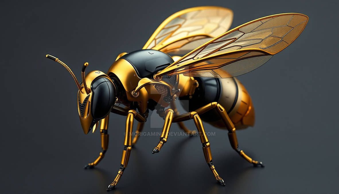 A futuristic golden bee rendered as a biomechanica
