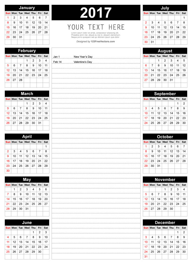 printable 2017 calendar template with notes by