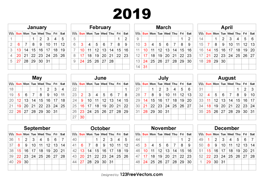 2019 Calendar With Week Numbers Free Vector By 123freevectors On Deviantart