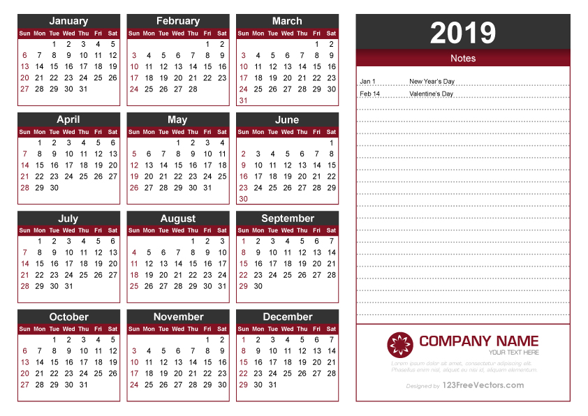 yearly calendar 2019 printable free vector by 123freevectors on deviantart