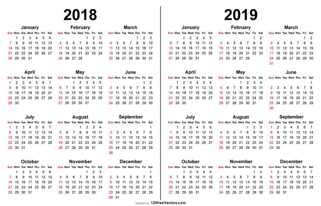 2018 and 2019 Calendar Printable Free Vector by 123freevectors on