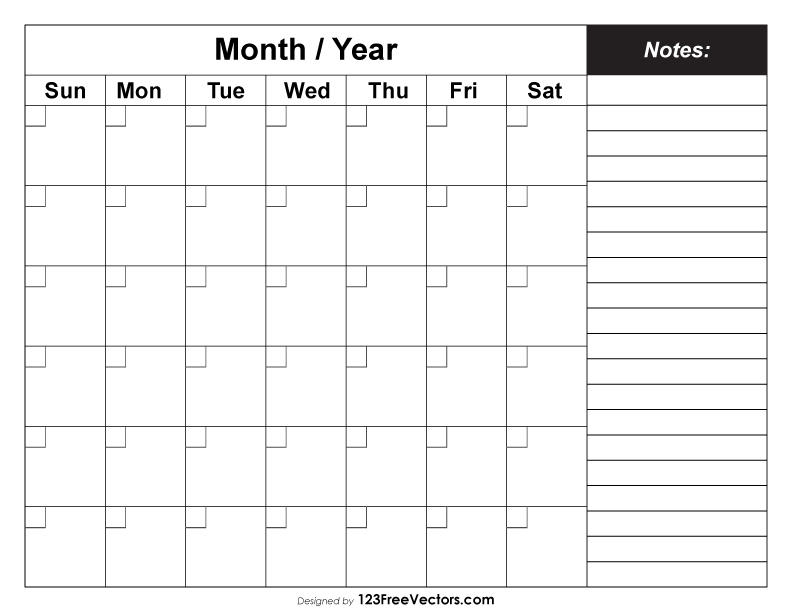 Printable Blank Monthly Calendar with Notes Free by ...