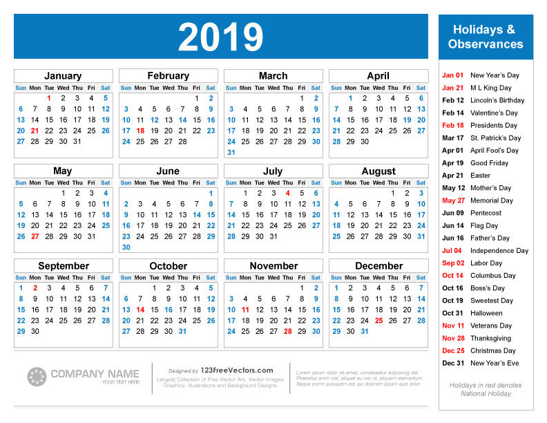 Printable 2019 Calendar with Holidays Free Vector by 123freevectors on ...