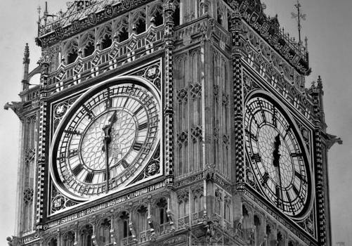 Hyperrealism. Big Ben pencil drawing ...Half time.