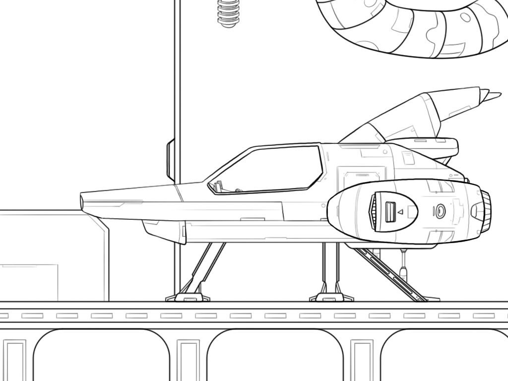 Spaceship in hanger line art